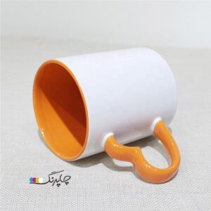 چاپ طرح دلخواه روی ماگ لیوان دسته و داخل رنگی نارنجی