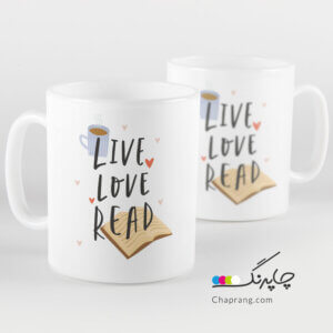 لیوان با طرح کتاب با متن Live Love Read، زندگی کن عشق بورز مطالعه کن
